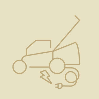 Grafik eines Elektro-Rasenmähers mit einem Kabel und Blitzsymbol.